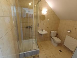 a bathroom with a shower and a toilet and a sink at Dom Turysty Na Skarpie in Malbork +101 photos