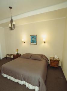 um quarto com uma cama e duas mesas e um candeeiro em Hotel Colonial Salta em Salta