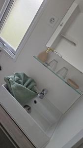 ein Badezimmer mit einem Spiegel und einem Waschbecken in der Unterkunft Mobil home les sables d'or in Cap d'Agde
