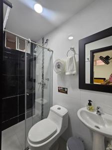 a bathroom with a toilet and a shower and a sink at HOTEL BIG BEN MALAGA SANTANDER in Málaga