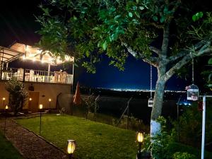 un patio trasero por la noche con un árbol y luces en Finca Hotel Mirador La Casona Quindio-Eje Cafetero, en Pueblo Tapado