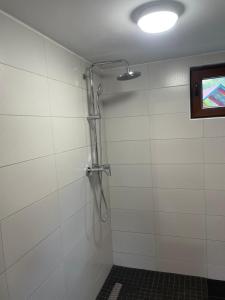 eine Dusche in einem weiß gefliesten Bad mit einem Fenster in der Unterkunft Pensiunea Cheile Șugăului in Bicaz-Chei