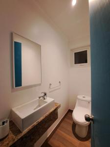 a bathroom with a sink and a toilet and a mirror at Casa Pumahue in La Ensenada