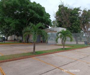 dos palmeras delante de un edificio en Departamento Express CL en Vila El Carmen