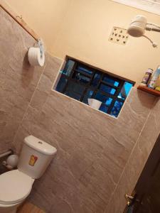 a bathroom with a toilet and a window at The Orange Cottage in Nyeri