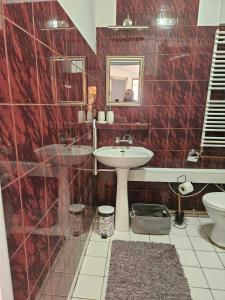 a red tiled bathroom with a sink and a toilet at Apartament i domki wakacyjne w uroczym zakątku Ustki in Ustka