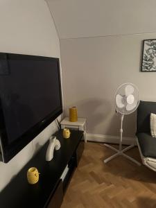 a living room with a flat screen tv and a chair at lush bedroom in loving home in Purley