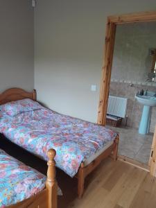 um quarto com 2 camas e uma casa de banho com um lavatório. em Nature's Rest em Carrick on Shannon