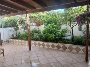 un patio con un mucchio di piante e alberi di Goni Guest House a Sarandë
