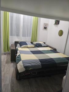 2 Betten in einem Schlafzimmer mit grünen Vorhängen in der Unterkunft appartement calme à 10mn à pied de la villette in Le Pré-Saint-Gervais