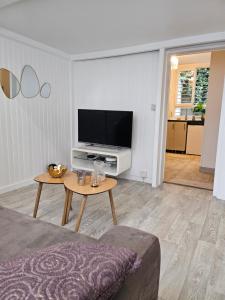 ein Wohnzimmer mit einem TV und einem Tisch in der Unterkunft appartement calme à 10mn à pied de la villette in Le Pré-Saint-Gervais