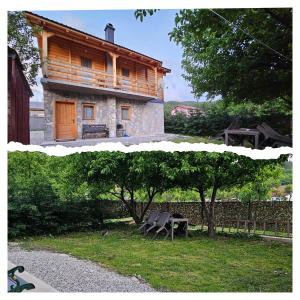 una casa con una mesa y un banco en un patio en Vila Helena, en Kolašin