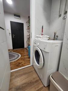 a white washing machine in a room with a door at Nancy's Cozy Business Apartment in Bežanija