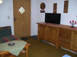 een woonkamer met een televisie op een houten dressoir bij Log Home in Mauterndorf