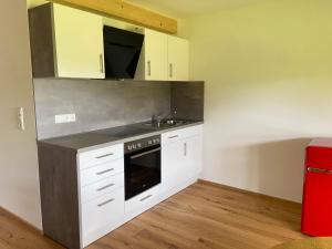 a kitchen with white cabinets and a sink and a stove at Hofgut Breitenbach in Markdorf