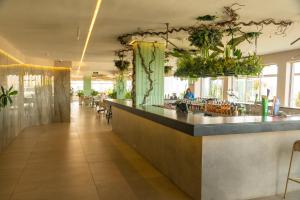 a bar in a restaurant with plants on the ceiling at Vertigo Hotel in Lagos