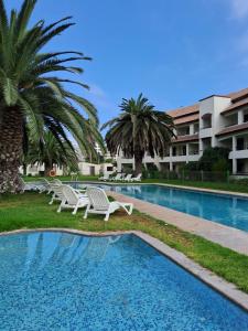 uma piscina de resort com espreguiçadeiras e palmeiras em Hotel Palmas de La Serena em La Serena