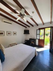- une chambre avec un ventilateur de plafond et un lit dans l'établissement Posada El Capullo, à Colonia del Sacramento
