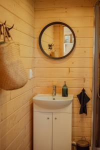 W łazience znajduje się umywalka i lustro. w obiekcie Vectēva dārzs w mieście Rucava