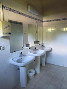 baño con 3 lavabos y espejo grande en Glamping Cañon del Rio Lobos, en Ucero