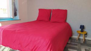 a red bed with red pillows in a room at Appartement FX 2 in Saint Die +6 photos