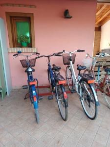 a group of bikes parked next to a pink wall at Alloggio agrituristico Zambon in Vedelago
