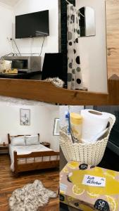 een collage van foto's van een kamer met een televisie en een woonkamer bij Motel Kantić in Tuzla