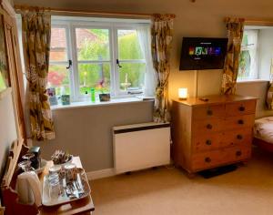 a bedroom with a bed and a dresser and windows at Coastal Hidden Gem - Twin en-suite room with garden in Wells next the Sea