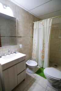 W łazience znajduje się umywalka, toaleta i prysznic. w obiekcie Aire Montañas w mieście Malargüe