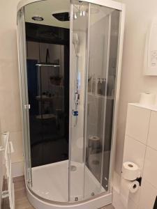 a shower with a glass door in a bathroom at Wohlfühloase Köln 3 in Cologne