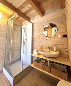 ein Bad mit einem Waschbecken und einer Dusche in der Unterkunft Chata RESTART in Jevíčko