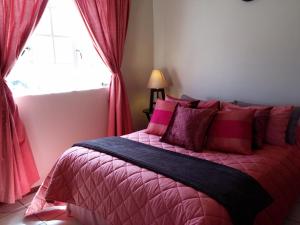 - une chambre avec un lit rose et une fenêtre dans l'établissement Port Elizabeth Apartment, à Port Elizabeth