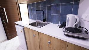 eine Küchentheke mit einem Mixer und einem Waschbecken in der Unterkunft La Hacienda Cyprus in Limassol