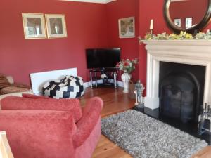 a living room with red walls and a fireplace at KYLEARD Ryan in Monasterevin