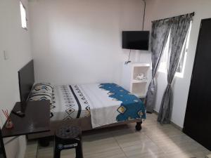a bedroom with a bed and a desk and a television at apartaestudios el jardin 2 in Cali