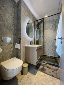 y baño con aseo, lavabo y ducha. en Cozy Luxurious Bourgogne Studio, en Casablanca
