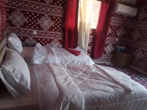 a bed in a bedroom with a red wall at Bedouin desert life camp& Jeep tours in Wadi Rum