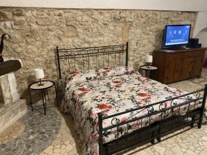 1 dormitorio con 1 cama y TV en una pared de piedra en La casetta di Bianca en Sulmona