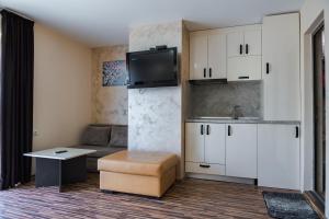 a small room with a couch and a kitchen with white cabinets at ALVA in Sandanski