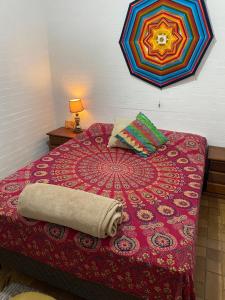 皮雷諾波利斯的住宿－Recanto das Corujas，一间卧室配有一张带红色毯子和枕头的床