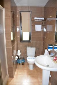 ein Badezimmer mit einem WC, einem Waschbecken und einem Spiegel in der Unterkunft Hotel Rural Restaurante Los Rosales in Almadén