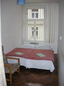 プラハにあるホステル ベルの小さなベッドルーム(ベッド1台、窓付)
