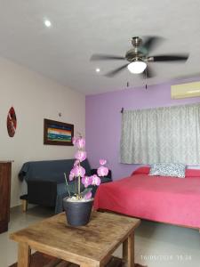 Gacelita Cozumel في كوزوميل: غرفة نوم بسرير ومروحة سقف