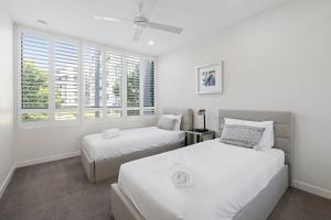 Allisee Apartments في غولد كوست: سريرين في غرفة بجدران بيضاء ونوافذ