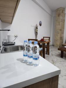 un grupo de botellas de agua sentadas en un mostrador de cocina en La Hacienda Cyprus, en Limassol