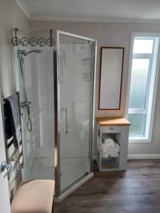 een badkamer met een douche met een glas bij Charming House in Westport in Westport