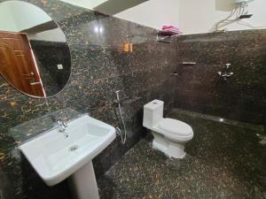 y baño con lavabo, aseo y espejo. en Alaknanda Homestay en Karnaprayāg