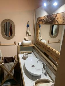 een badkamer met een witte wastafel en een spiegel bij Palms Ocean views in Rodrigues Island