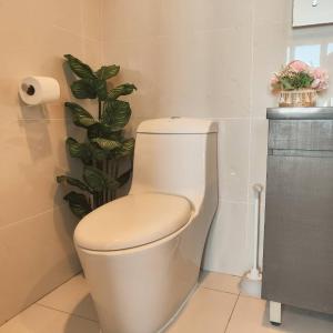un bagno con servizi igienici bianchi e una pianta sul muro di Mount Austin 6pax hastamas wifi500mps nexflix a Johor Bahru