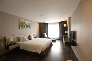 a hotel room with a bed and a television at Central Hotel Thanh Hoa in Thanh Hóa